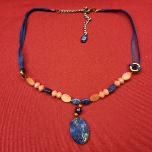 Blue Gemstone Orange Beads Blue Cord Necklace Boho Chic - Picture 1 of 9